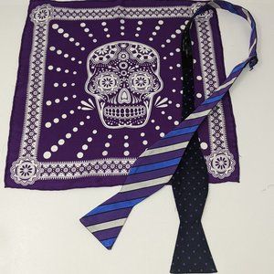 Silk Bow Tie Purple Blue Striped Sugar Skull Pocket Square Reversible T3